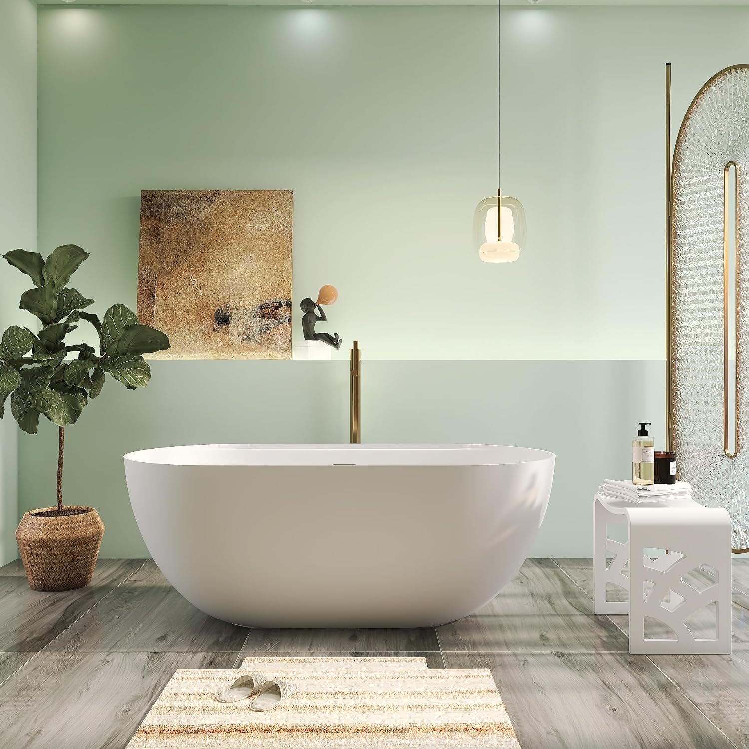 59' Premium Solid Surface Freestanding Bathtub With Black Acrylic Shelf, Modern Soaking Deep Stone Resin Tub with Overflow and Pop-up Drain, Matte White