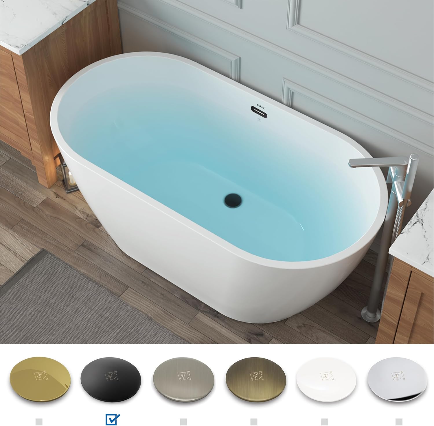 FerdY 55' Bali Acrylic Freestanding Bathtub, Gracefully Shaped Freestanding Soaking Bathtub, cUPC Certified, Toe-Tap Matte Black Drain& Bath Pillow for Bathtub,Thick Tub Pillows Breathable 4D Air Mesh