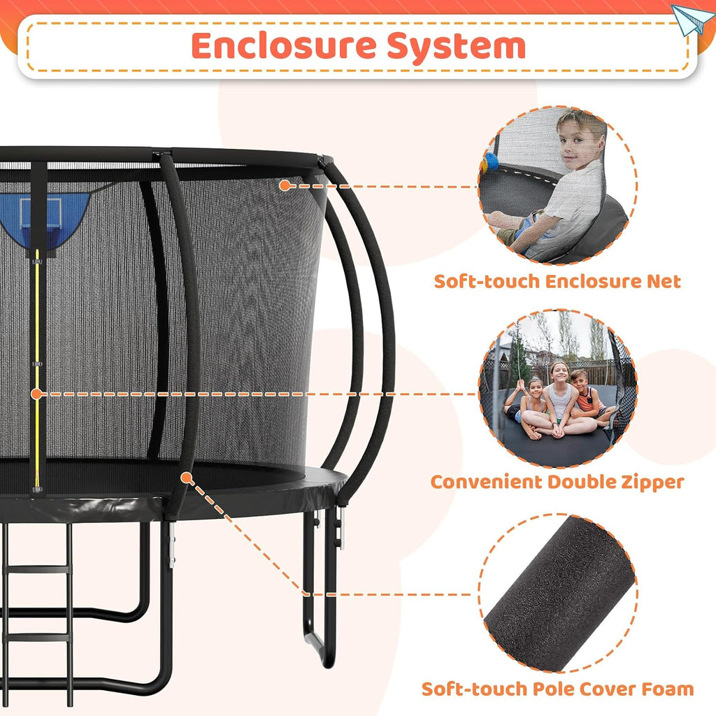 Zevemomo 12 FT Outdoor Kids Trampolines, 12 FT Trampoline with Basketball Hoop & Net, Coating Frame, Heavy Duty Pumpkin Trampolines, Black