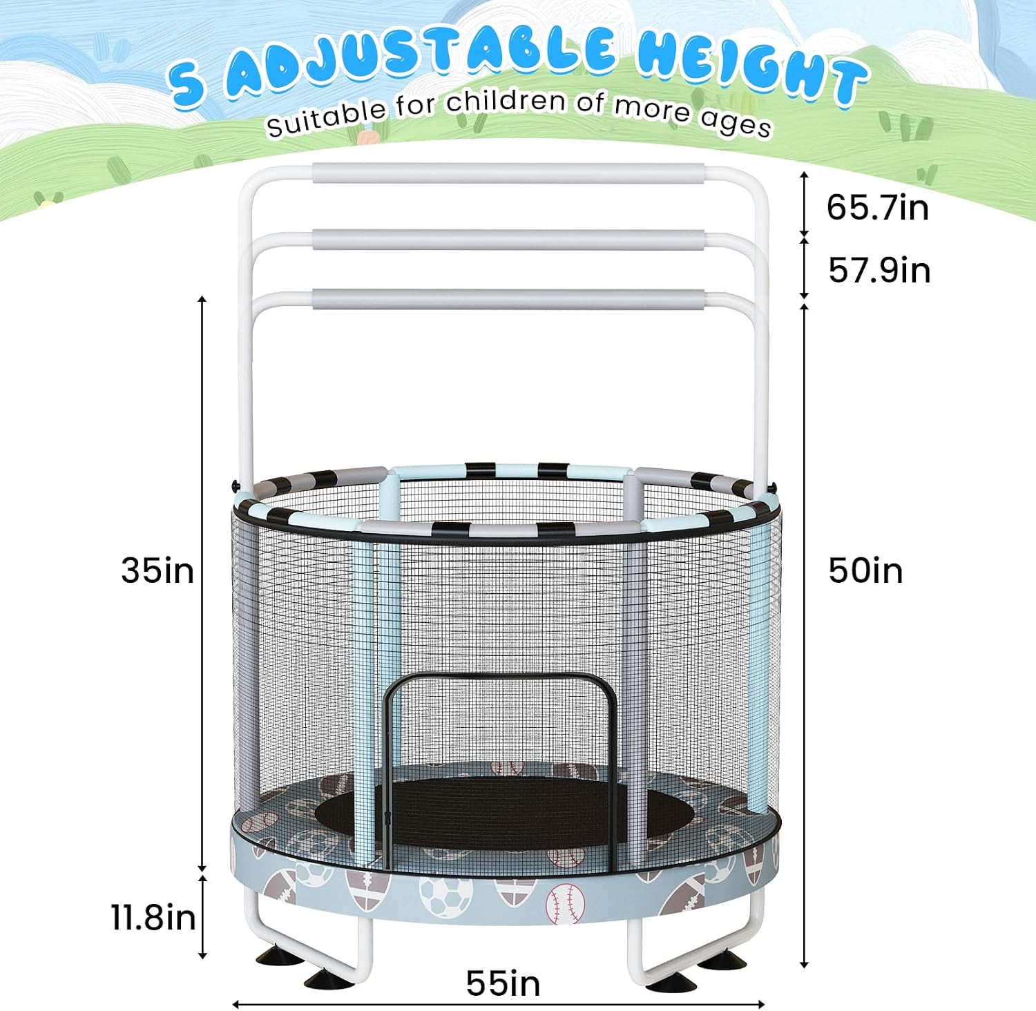 LAMERGE 55' 7-in-1 Round Trampoline for Kids Boys & Girls Ages 1-8, Indoor & Outdoor Trampoline for Fun, Adjustable Height Handrail ＆ Enclosed Safety Net ＆ Durable Designs for Toddlers Children