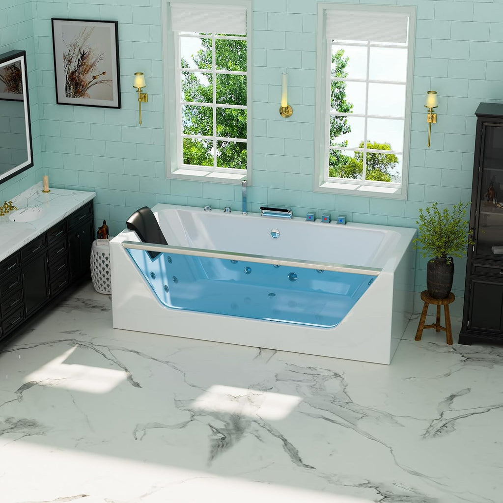 Empava 67' Whirlpool Bathtub with Chromatherapy, Hydrotherapy Jetted Bathtub with Glass Panel, 11 Jets,3-Side Apron,67 Gallons,ETL Certified, White