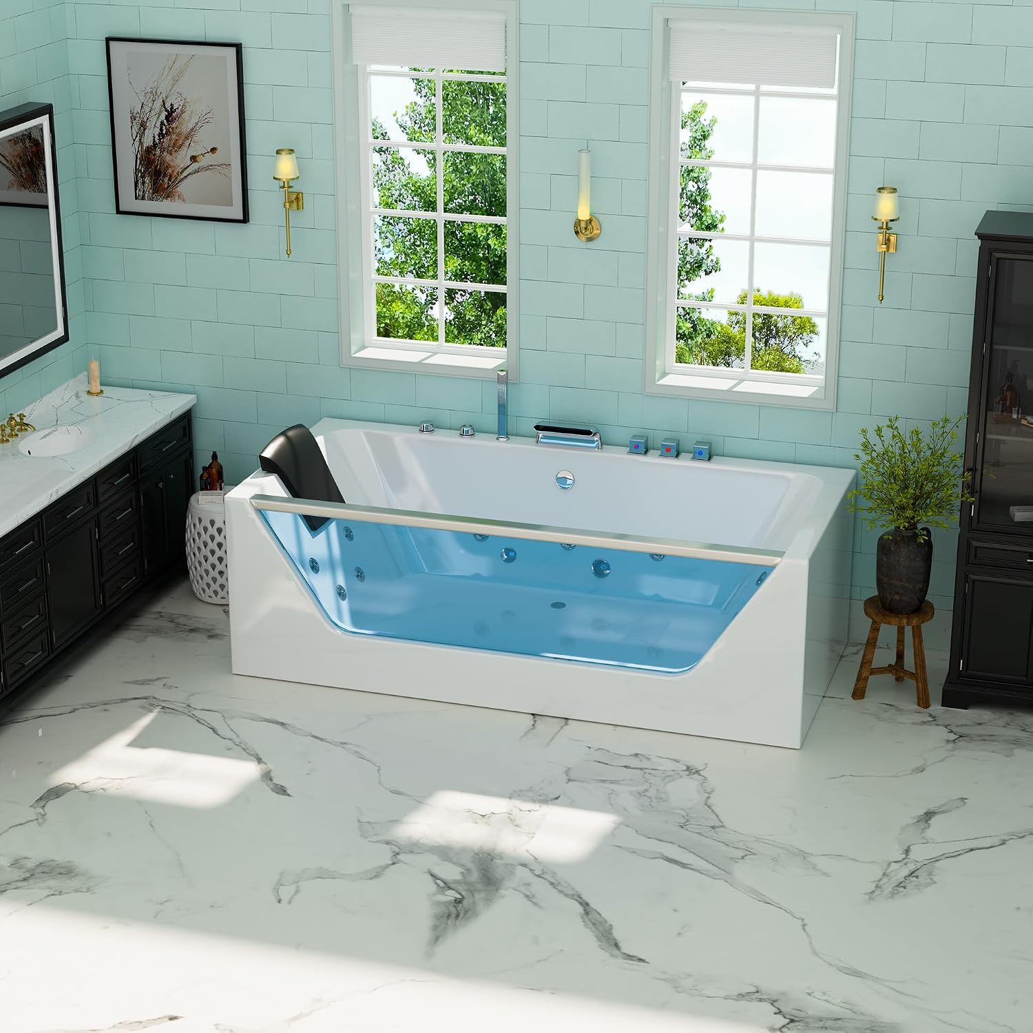 Empava 67' Whirlpool Bathtub with Chromatherapy, Hydrotherapy Jetted Bathtub with Glass Panel, 11 Jets,3-Side Apron,67 Gallons,ETL Certified, White