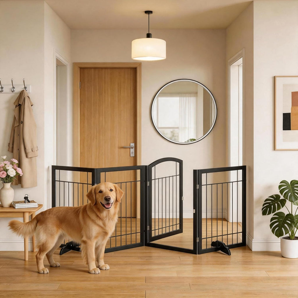 Vantas Folding Pet Gate 96' Wide, 30' Tall No-Assembly Metal Dog Gate with Door Walk Through, Freestanding Wire Pet Puppy Safety Fence, with 2PCS Support - Black