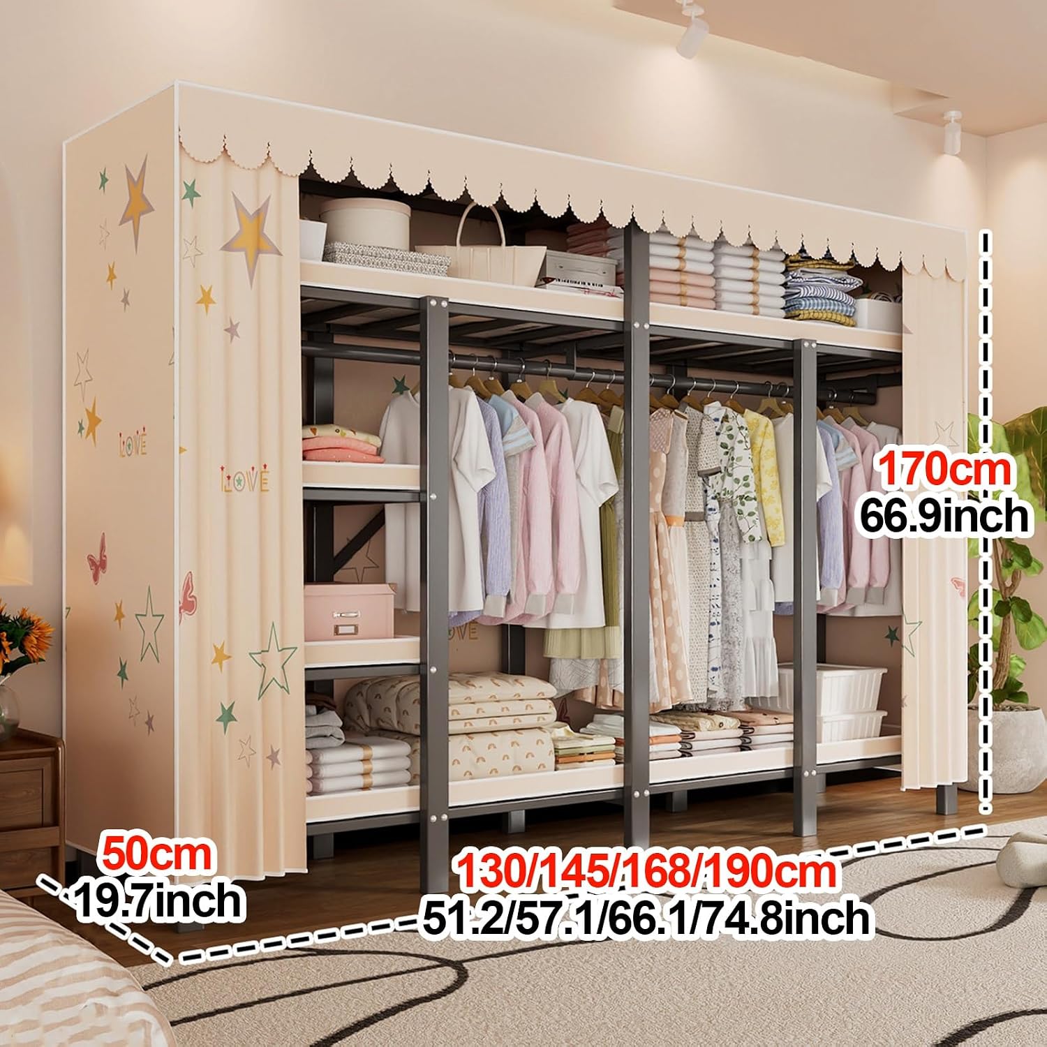 Foldable Wardrobe Closets With Cover Portable 500kg Heavy Duty Clothe Rack For Hanging Clothes Metal Garment Rack Freestanding Armoire Storage Garment Racks(C,168x170x50cm/66x67x20in)