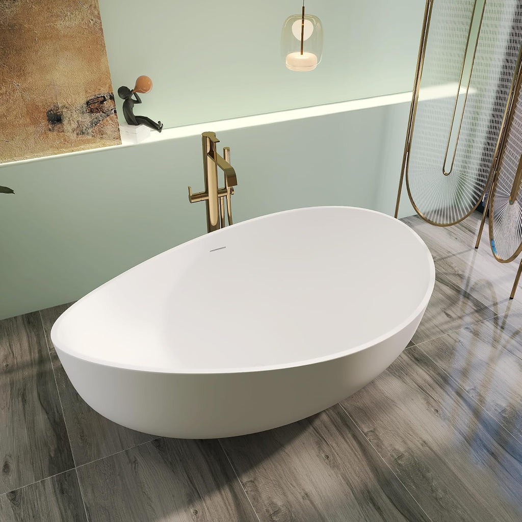 71' Premium Solid Surface Freestanding Bathtub, Unique Oval Stone Resin Tub with Overflow and Pop-up Drain, Matte White
