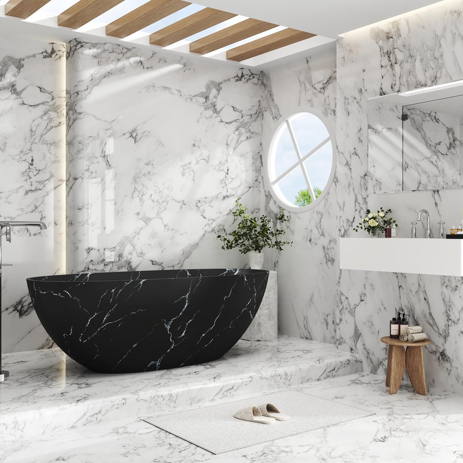 CASAINC 65' Solid Surface Freestanding Tub Marble-Look Stone Resin Freestanding Bathtub Black Soaking Tub with Overflow, Drain, Drain Hose & Sanding Paper