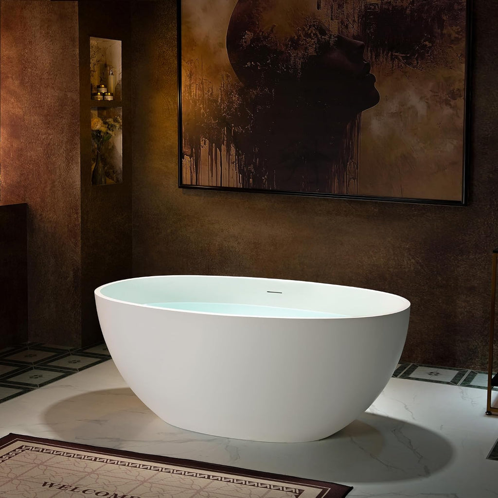 WOODBRIDGE 55 Stone Resin Freestanding Soaking Tub, Modern Oval Solid Surface Bathtub with Integrated Slotted Overflow & Drain, Matte White, B0043