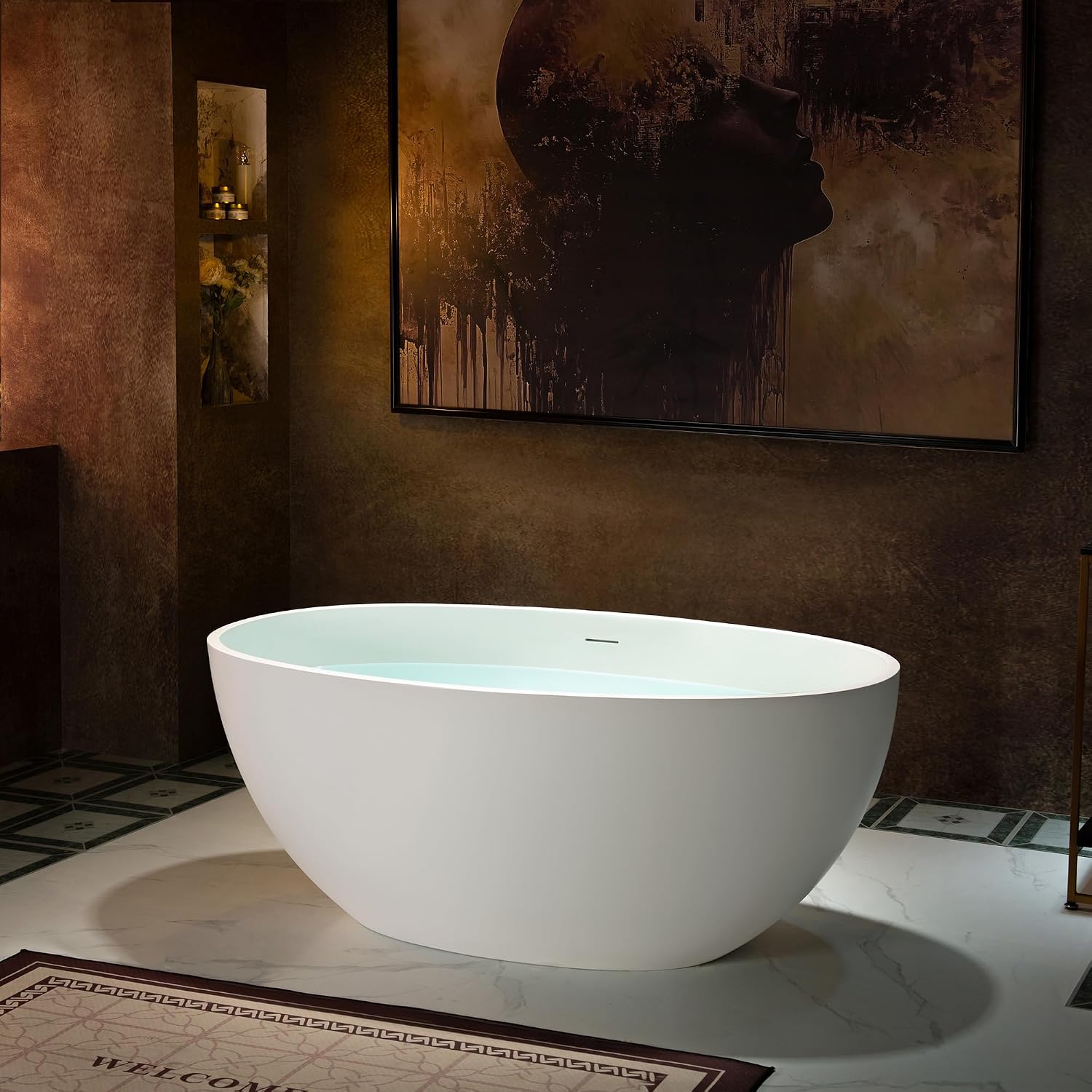 WOODBRIDGE 55 Stone Resin Freestanding Soaking Tub, Modern Oval Solid Surface Bathtub with Integrated Slotted Overflow & Drain, Matte White, B0043