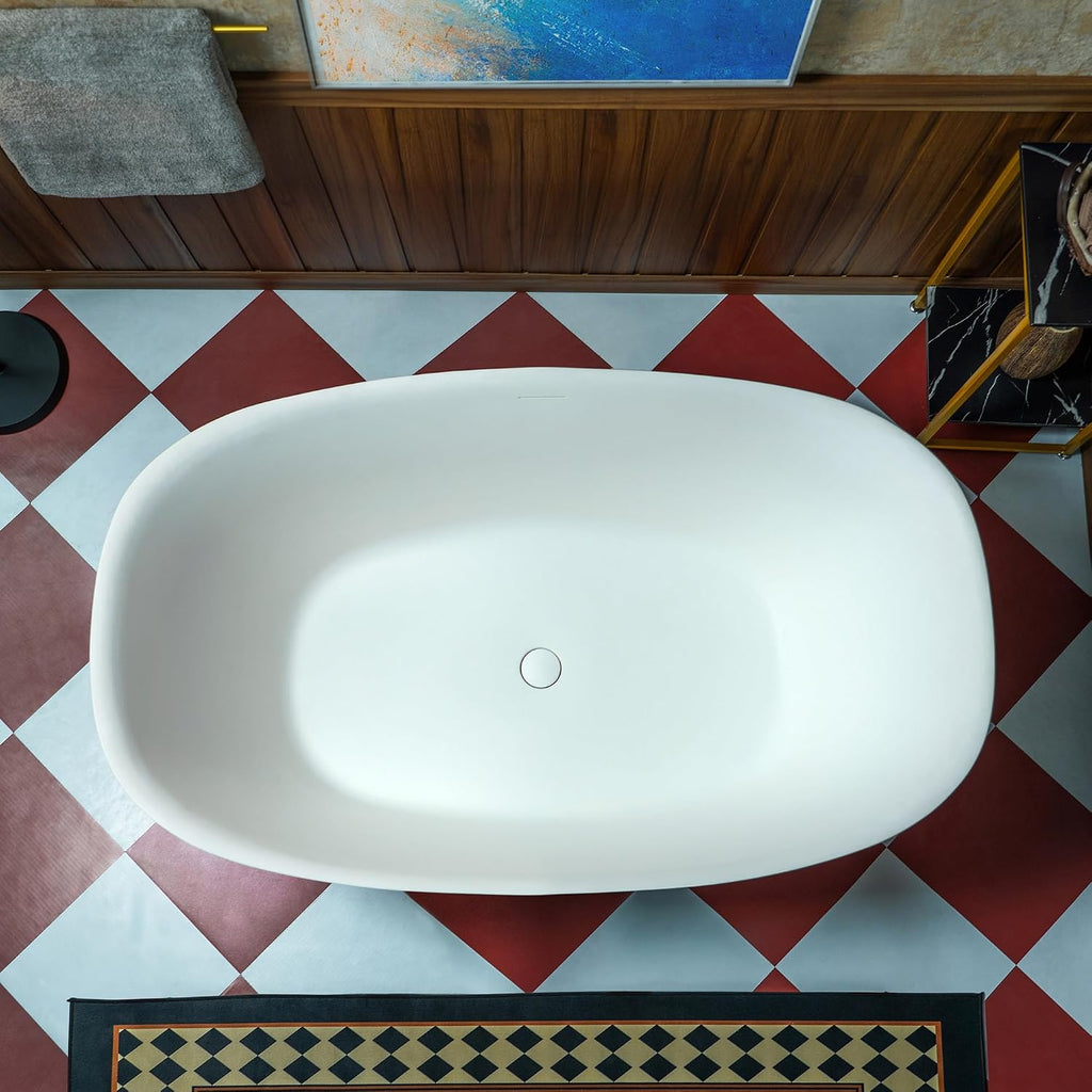 WOODBRIDGE 55 in. x 31.5 in. Stone Resin Luxury Contemporary Solid Surface Freestanding Bathtub in Matte White
