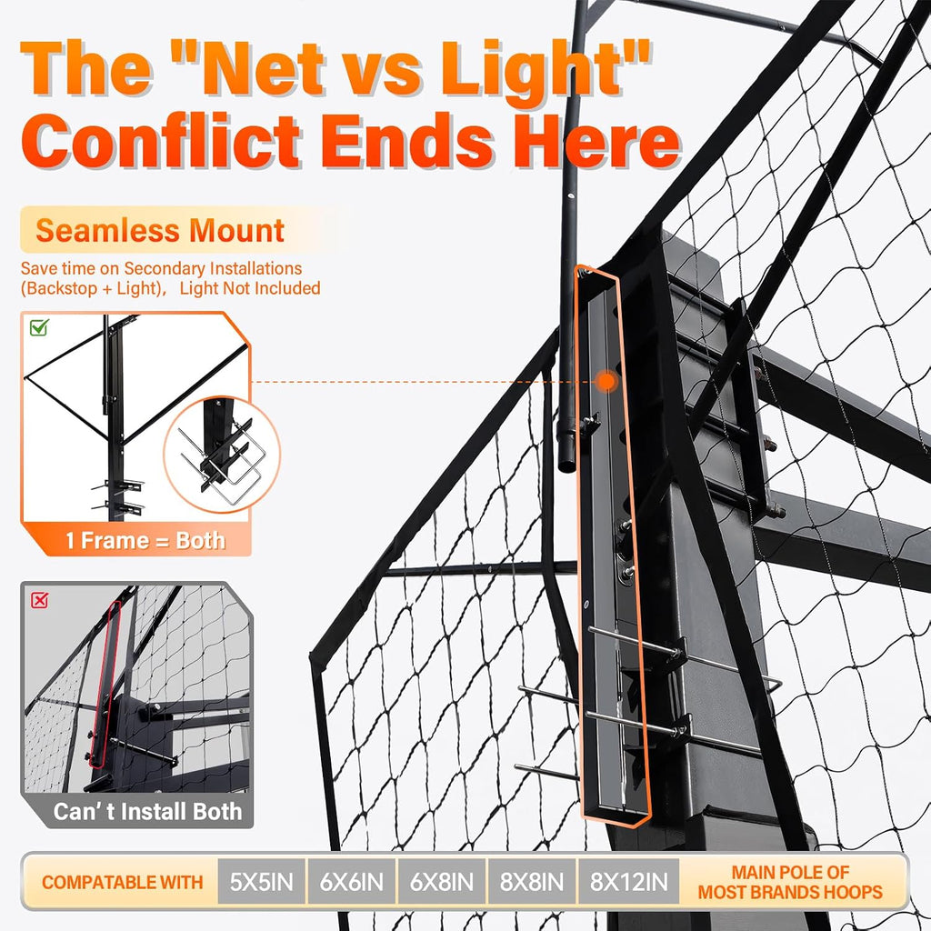 Basketball 2-in-1 Backstop Net+Light Mount System, Standalone Backstop Net, Standalone Light Mount Frame for Backyard Family Play, Fits Standard Hoops(Light NOT Included)