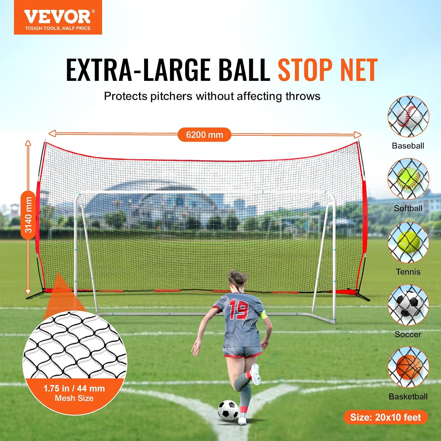 VEVOR 7X7ft/12X9ft/16X10ft/20x10ft Barricade Backstop Net, Ball Sports Barrier Netting, Portable Practice Net for Baseball Softball Lacrosse Hockey Basketball Equipment Training Net