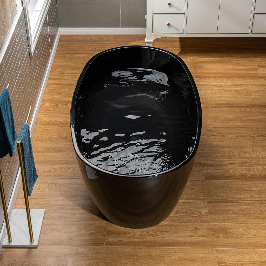 WOODBRIDGE 59' L x 31-1/2' W Freestanding Modern Acrylic Soaking Bathtub in Glossy Black Inside and Matte Black Drain & Overflow