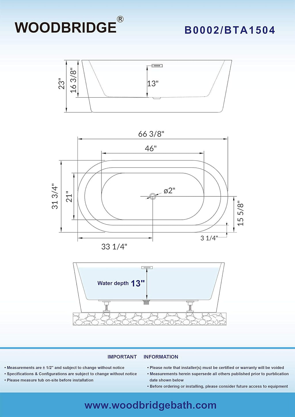 WOODBRIDGE 67' Acrylic Freestanding Bathtub Contemporary Soaking Tub with Brushed Nickel Overflow and Drain, B-0002 / BTA1504