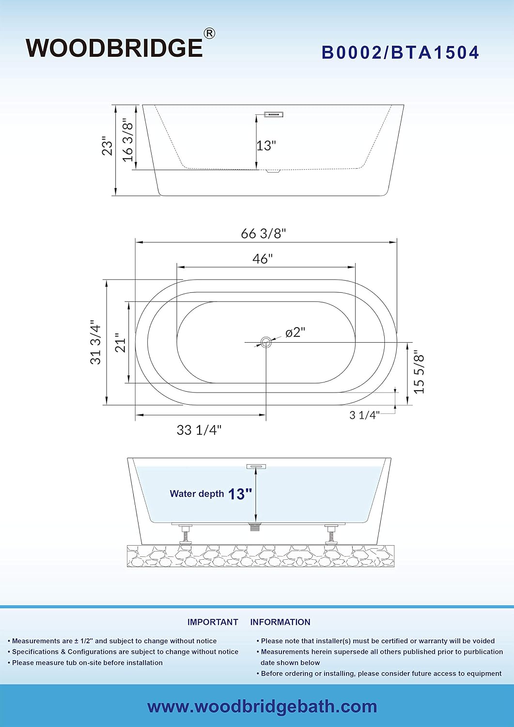 WOODBRIDGE 67' Acrylic Freestanding Bathtub Contemporary Soaking Tub with Brushed Nickel Overflow and Drain, B-0002 / BTA1504