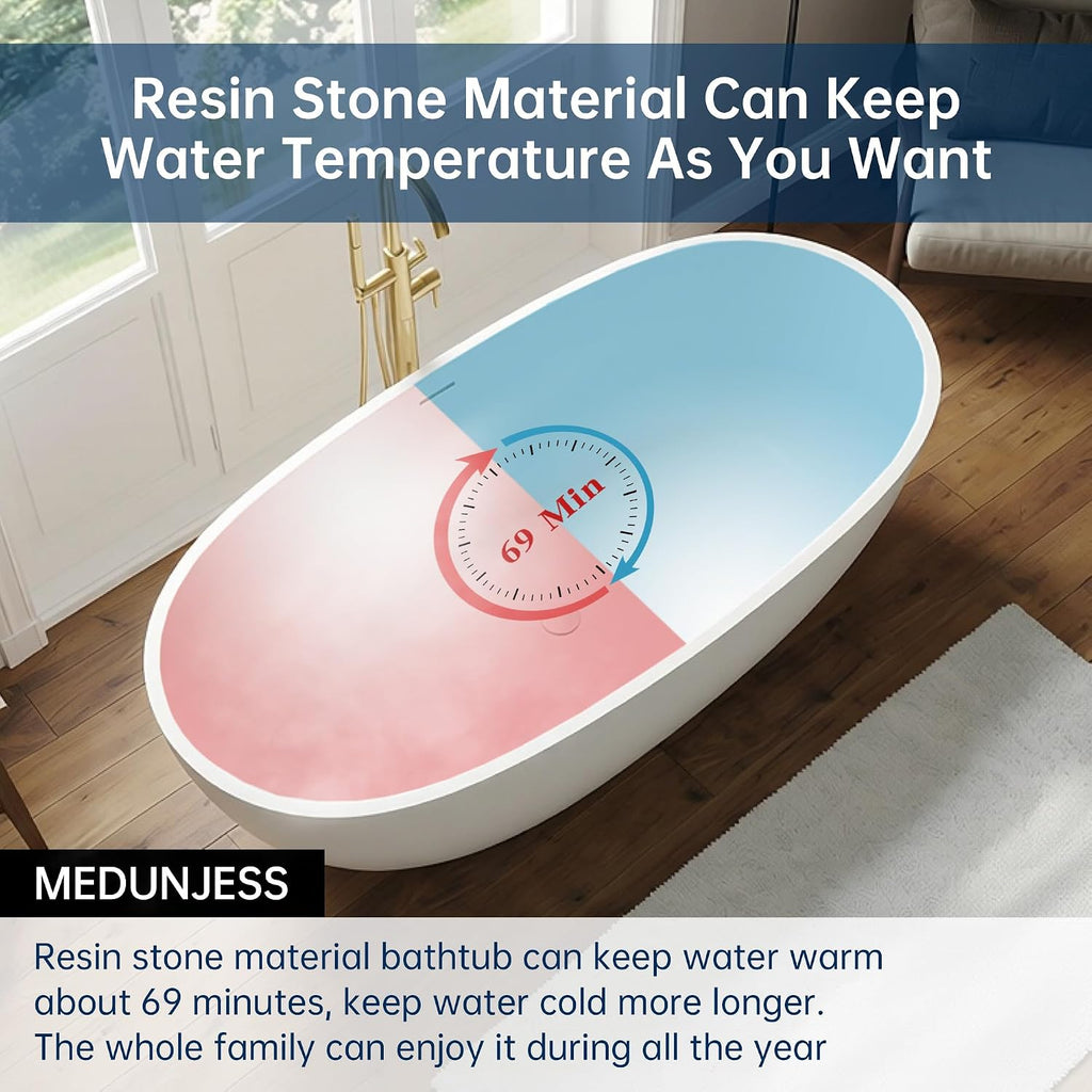 71' Stone Resin Freestanding Bathtub, Solid Surface Free Standing Tub, Soaking Tub with Overflow and Pop-up Drain in White, 2 Person Bathtub
