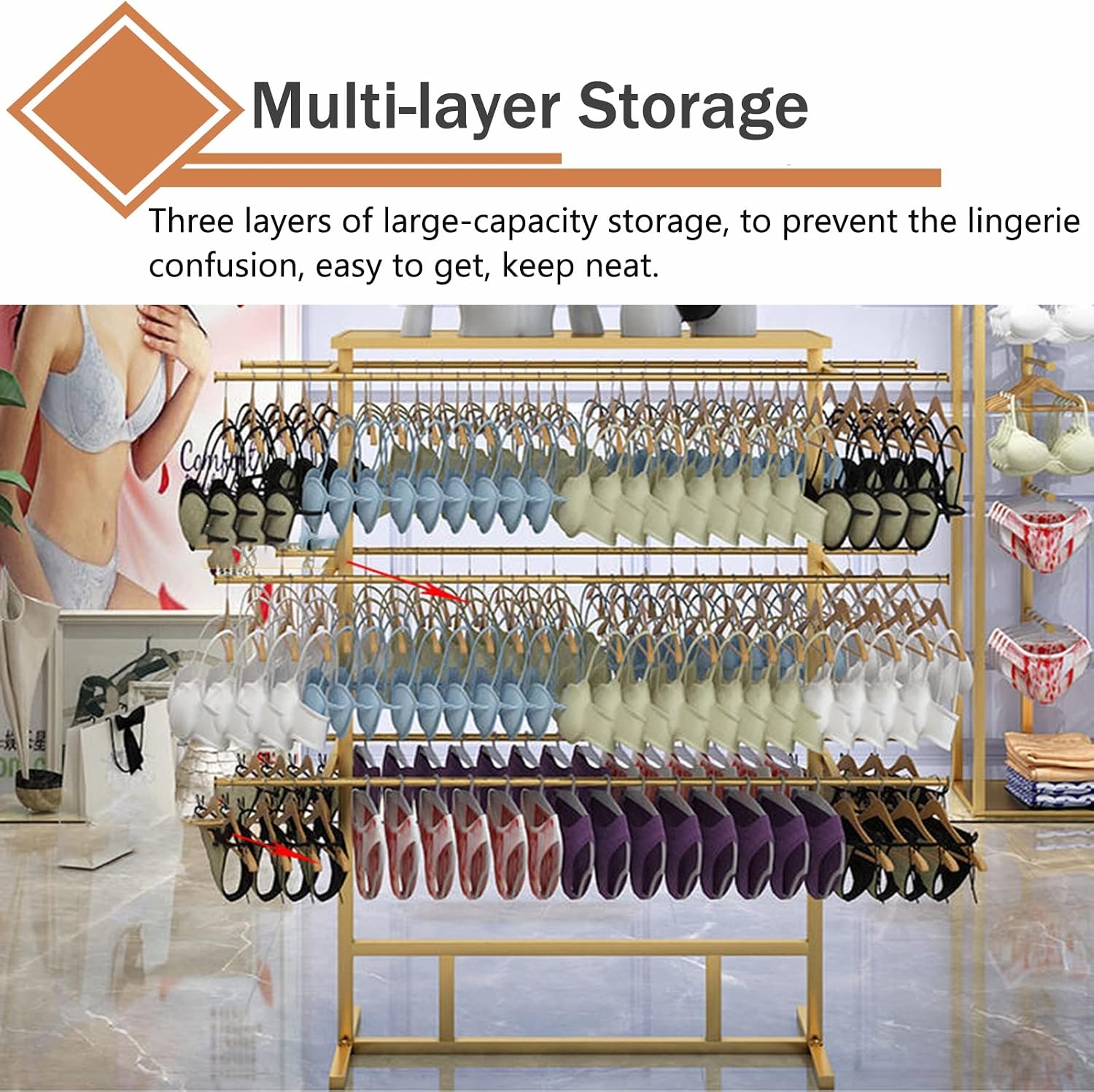 Shelf Metal Iron Bras Hangers Rack, Freestanding Underwear/Short Pants Display Stand, For Retail Store/Laundry Room/Wardrobe, 100/120/150 Cm Long，White 120x38x135cm