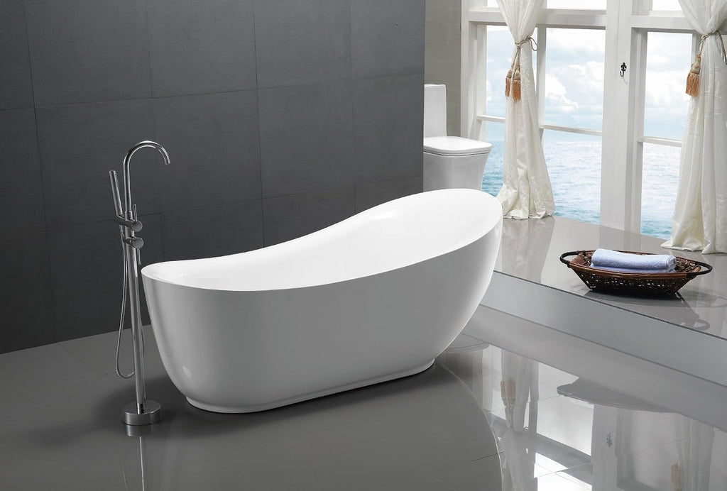 ANZZI Freestanding Bathtub 71 In Acrylic Flat Bottom Soaking Tub Glossy White Talyah Series One Piece Contemporary Design Center Drain High Gloss Finish Deep Soak Comfort Bathroom Fixture | FT-AZ090