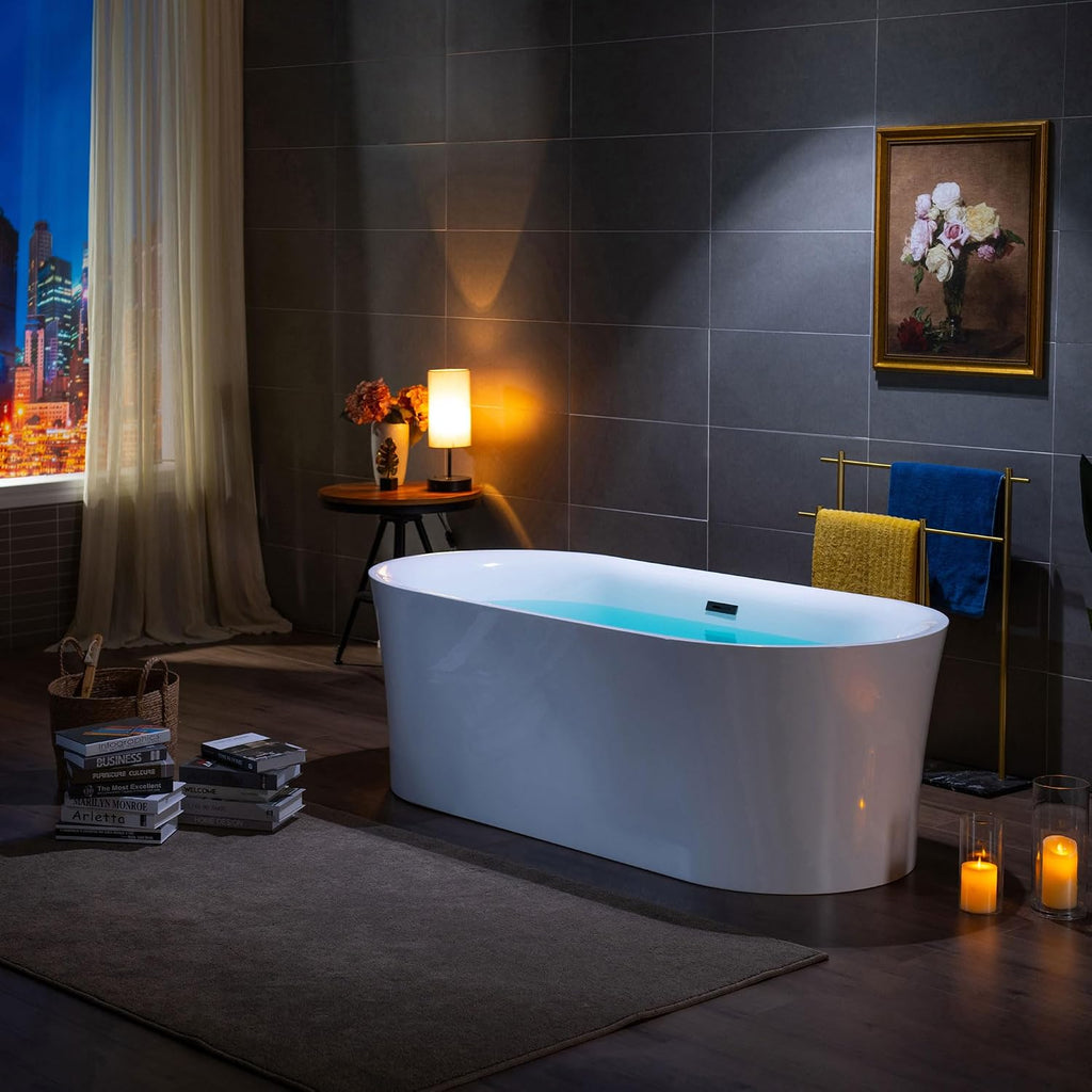 WOODBRIDGE 67' Acrylic Freestanding Bathtub Contemporary Soaking Tub with Matte Black Overflow and Drain,White Tub