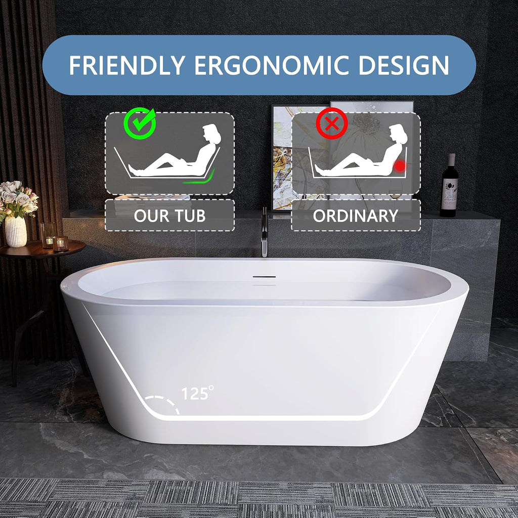 64' Free Standing Tub, Pure Acrylic Freestanding Bathtub, Stylish Stand Alone Contemporary Deep Soaking Bath Tub, cUPC Certified SY1265 (Glossy White)