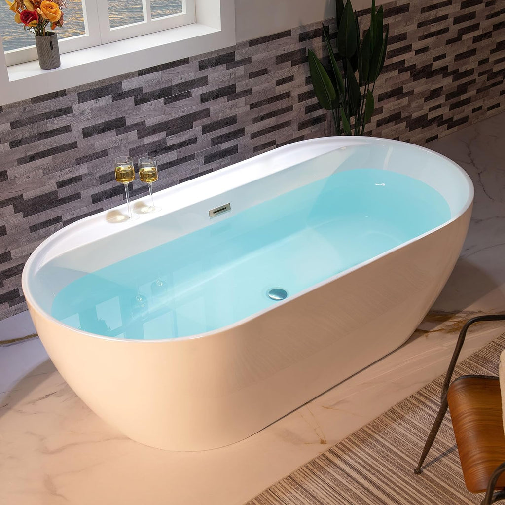 WOODBRIDGE 72' Acrylic Freestanding Bathtub Contemporary Soaking White Tub with Brushed Nickel Overflow and Drain,B0059-BN
