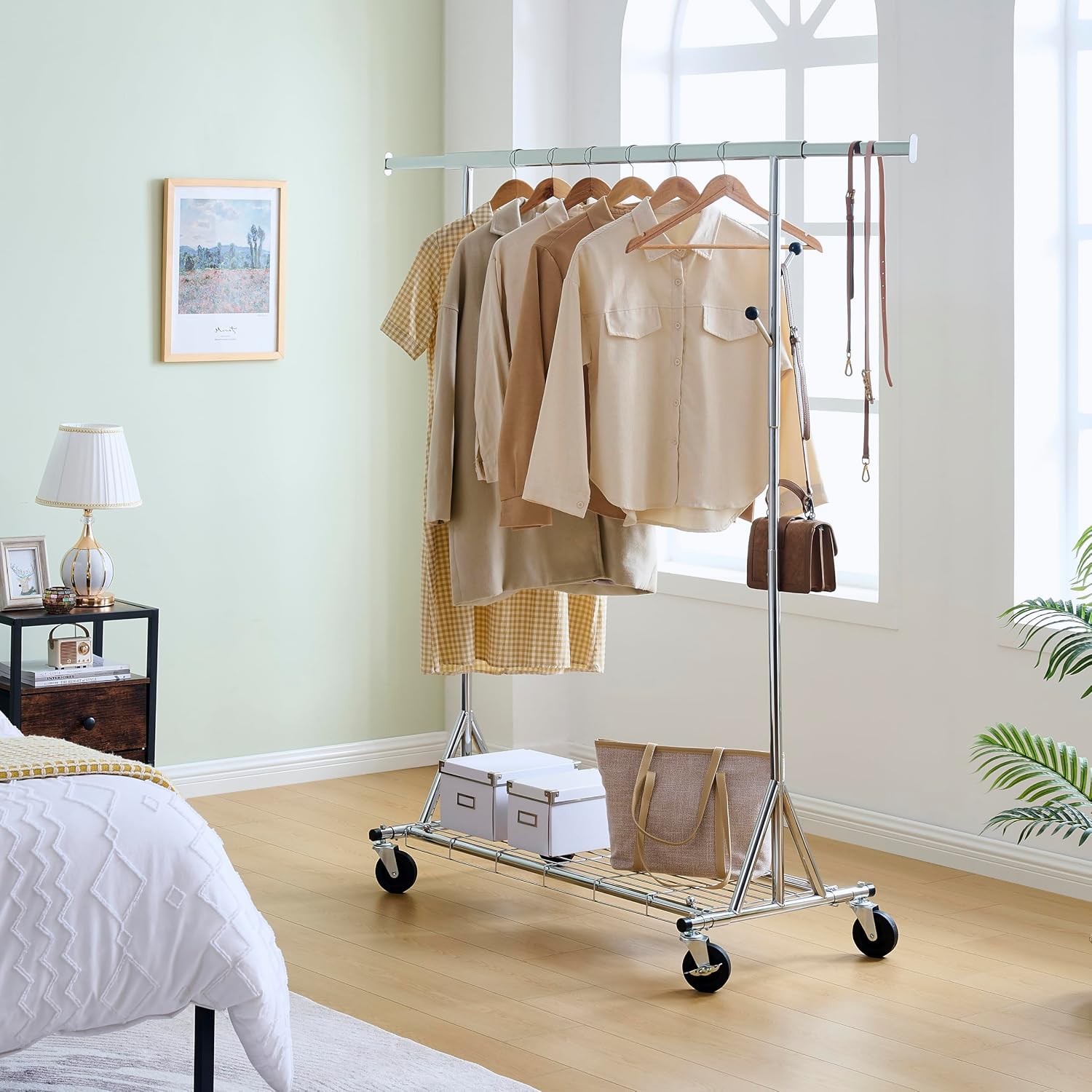 Heavy-Duty 600LBS Rolling Clothes Rack - Commercial-Grade, Adjustable, Extendable & Collapsible Garment Rack with Wheels and Triangular Stability Bracket