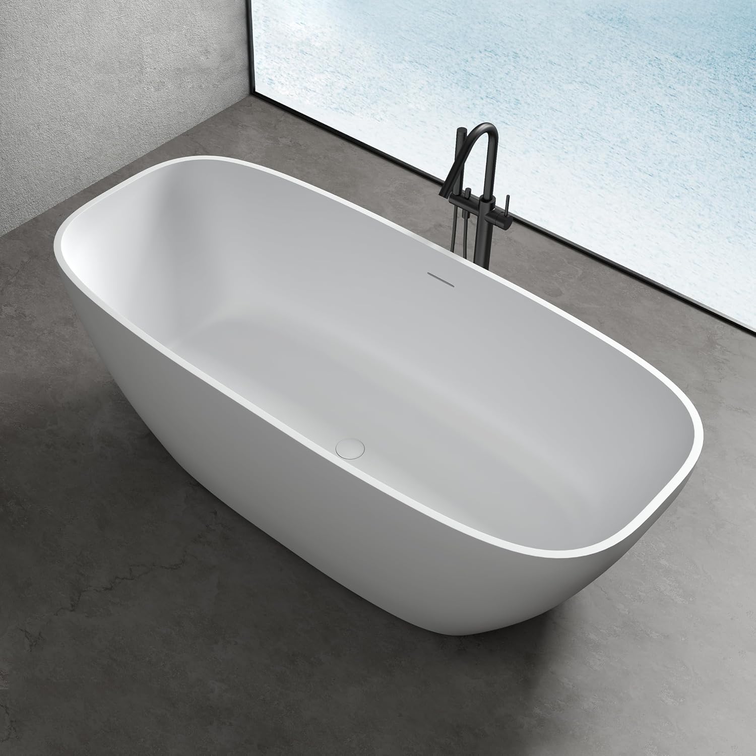 67'' Solid Surface Freestanding Bathtub, Stone Resin Free Standing Tub, Soaking Tub with Overflow and Pop-up Drain, 2 Person Bathtub, White