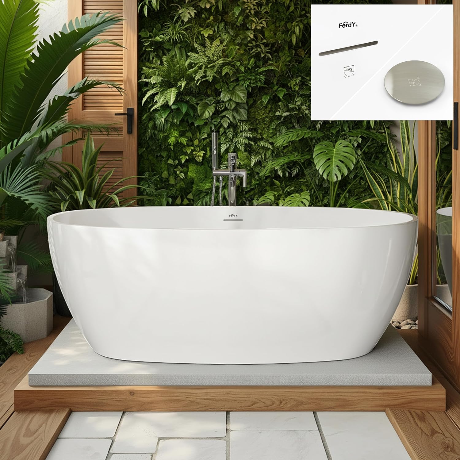 FerdY 67' Acrylic Freestanding Bathtub, Contemporary Soaking tub with Brushed Nickel Drain & Overflow, Elegant Oval Shape, cUPC Certified, Tahiti