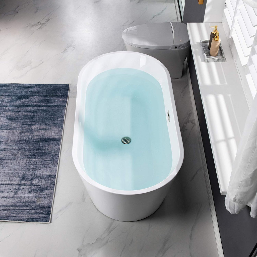 WOODBRIDGE 59' Acrylic Freestanding Bathtub Contemporary Soaking White Tub with Brushed Nickel Overflow and Drain,B0014 -B/N-Drain &O