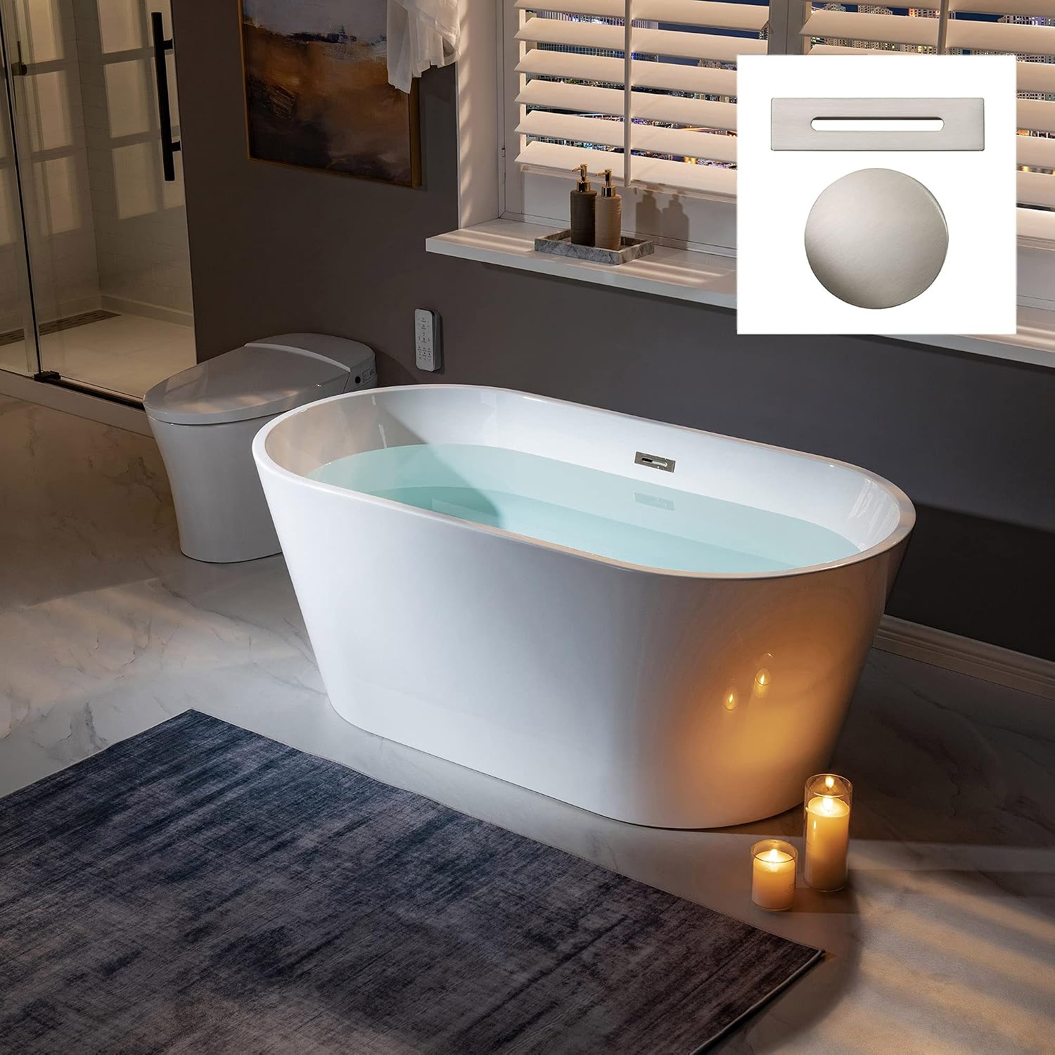 WOODBRIDGE 59' Acrylic Freestanding Bathtub Contemporary Soaking White Tub with Brushed Nickel Overflow and Drain,B0014 -B/N-Drain &O