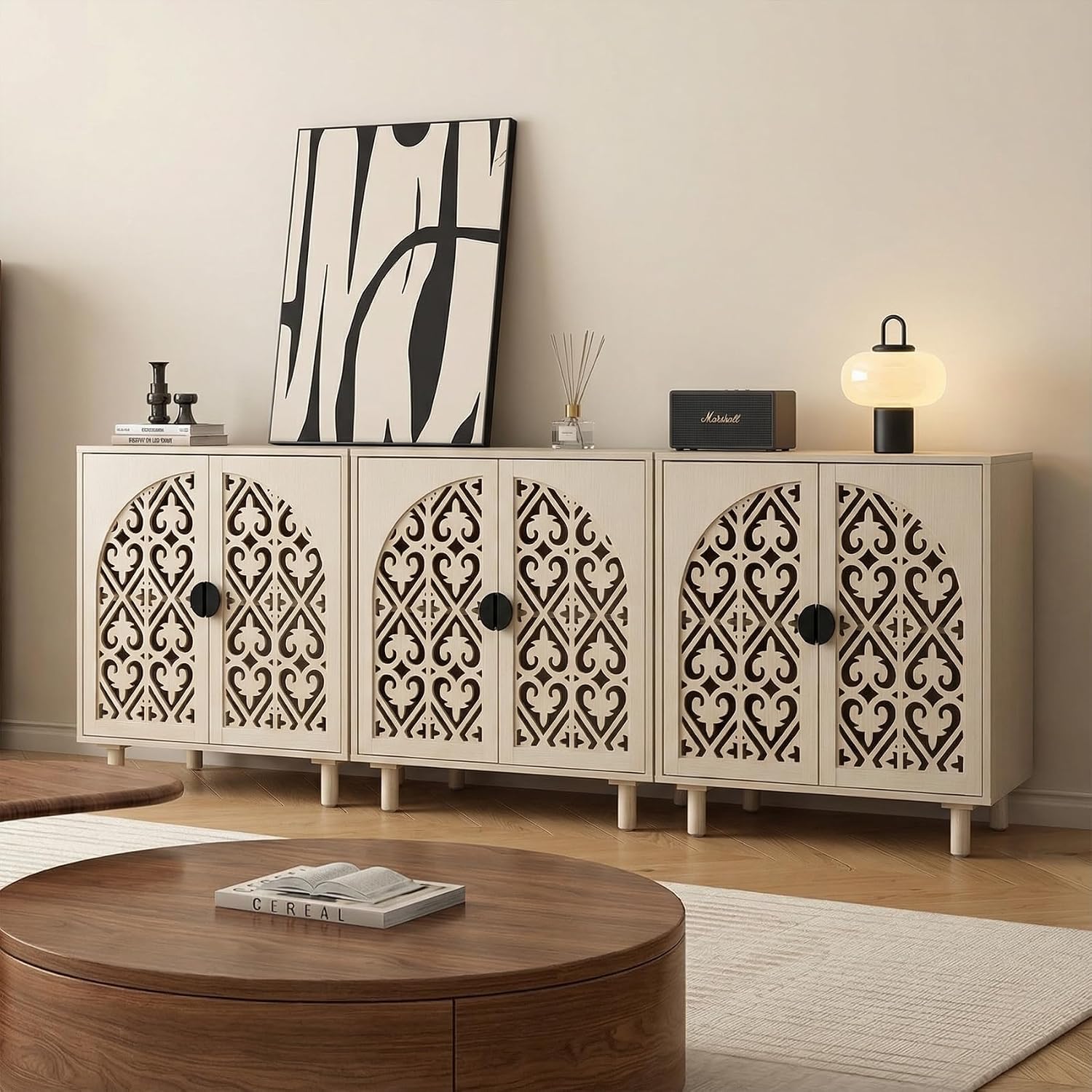 Storage Sideboard Cabinet, 60 x 32 x 16 inches, 4 Doors with Decorative Carved Panels, Natural Wood. [2pcs, Beige]