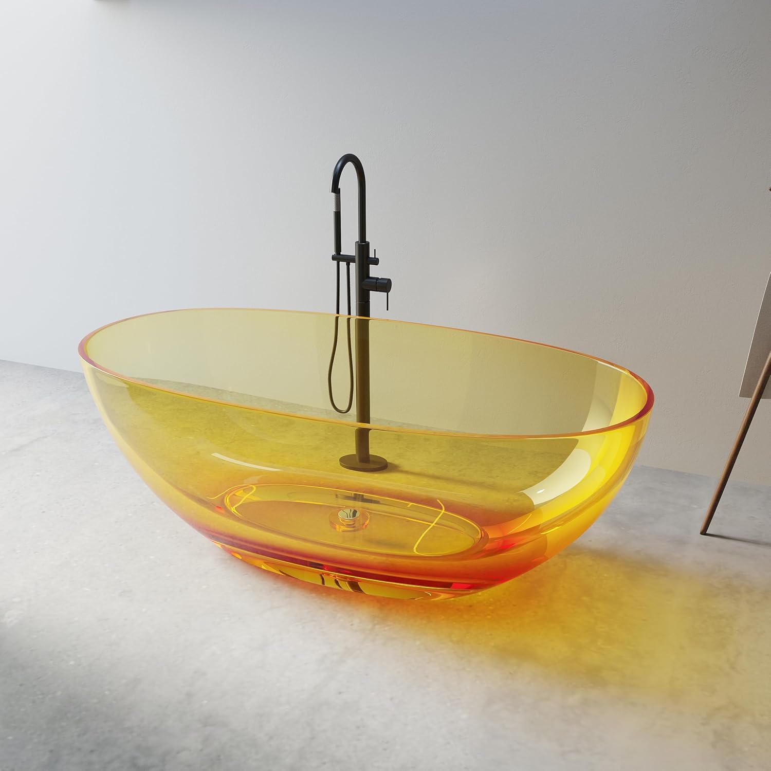 Solid Surface Freestanding Bathtub 61', Modern Oval Shape Soaking Tub, Stone Resin Stand Alone Bathtub with Drain & Integrated Slotted Overflow Transparent Orange AMFS303-1550-Orange