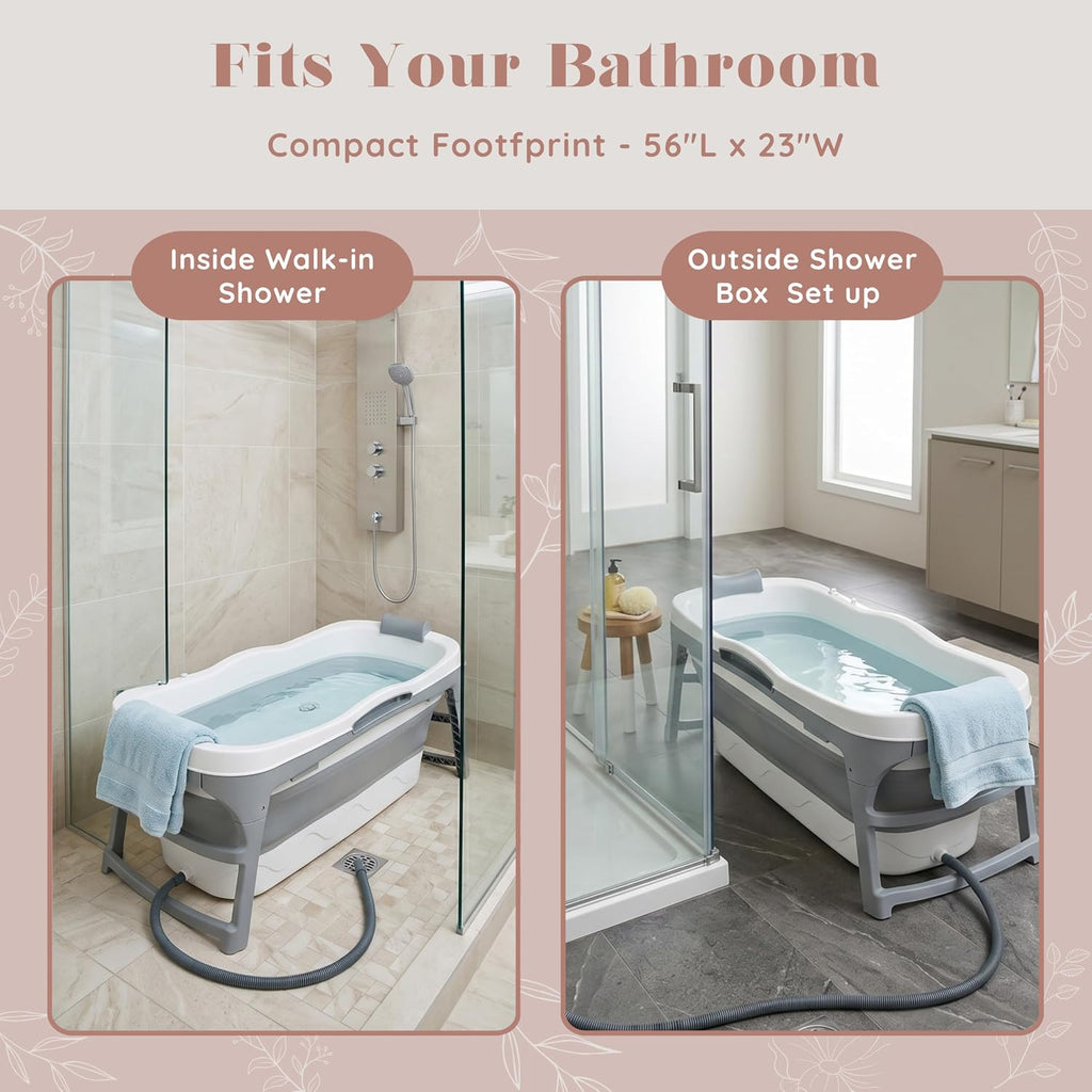Portable Bathtub for Adult- Extra Large 56' Foldable Collapsible tub. Ergonomically Designed for the Ultimate Relaxing Soaking Bath, Ice Bath. Ideal for Small Spaces, Quick, Effortless Folding Bathtub