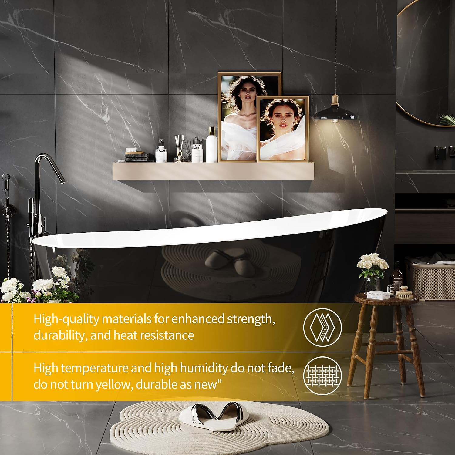 59 Inch Freestanding Bathtub, Acrylic Deep Soaking Tub, Chrome Overflow and Drain, Non-Slip Standalone Bath Tub for Bathroom, cUPC Certified, Ergonomic Modern Bath for Bathrooms