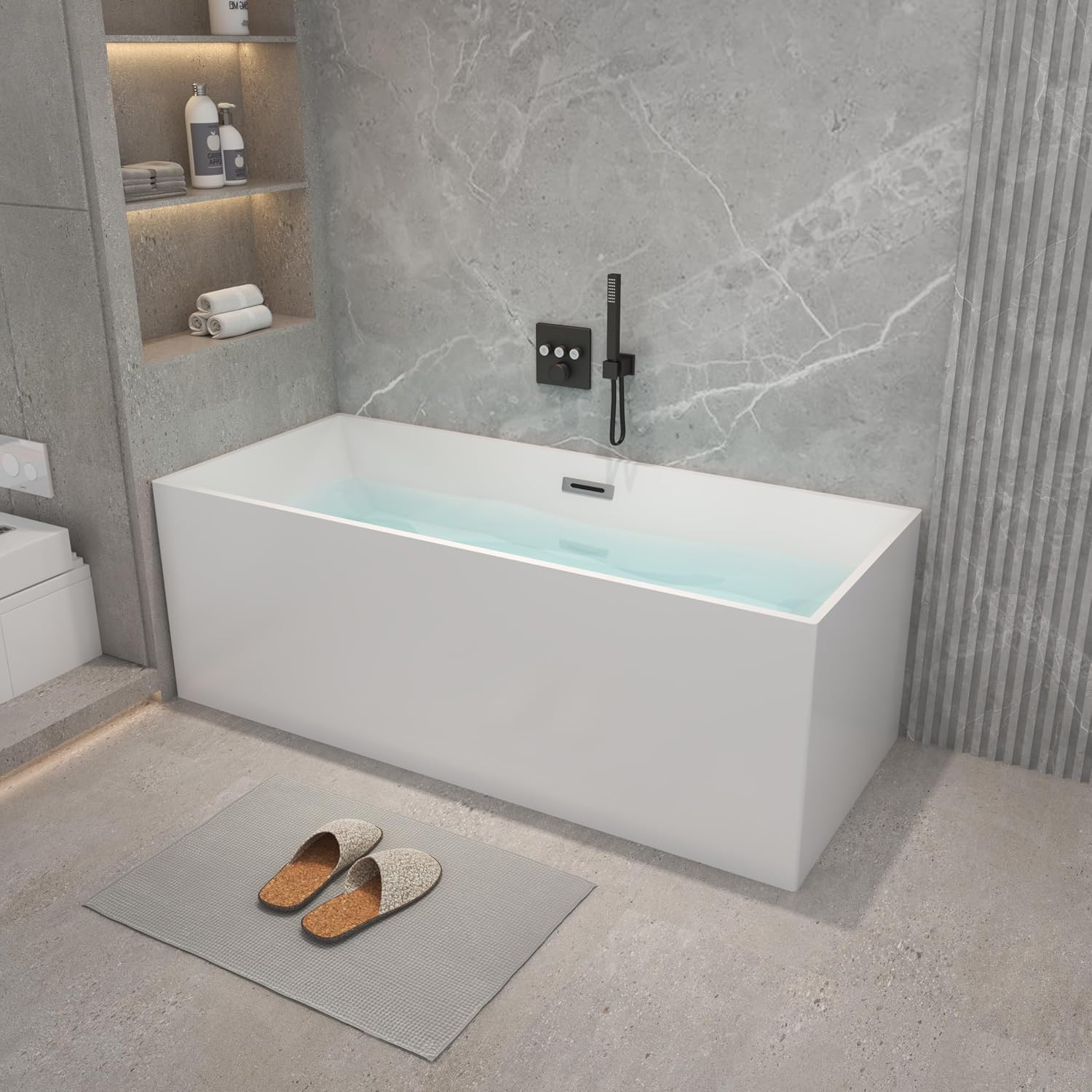 59 inch Freestanding Square Soaking Bathtub, WHALEKING Modern Integrated Seamless Alcove Stand Alone Free Standing Acrylic Tub, Back to Wall Bathtub with Center Chrome Drain & Overflow, Glossy White