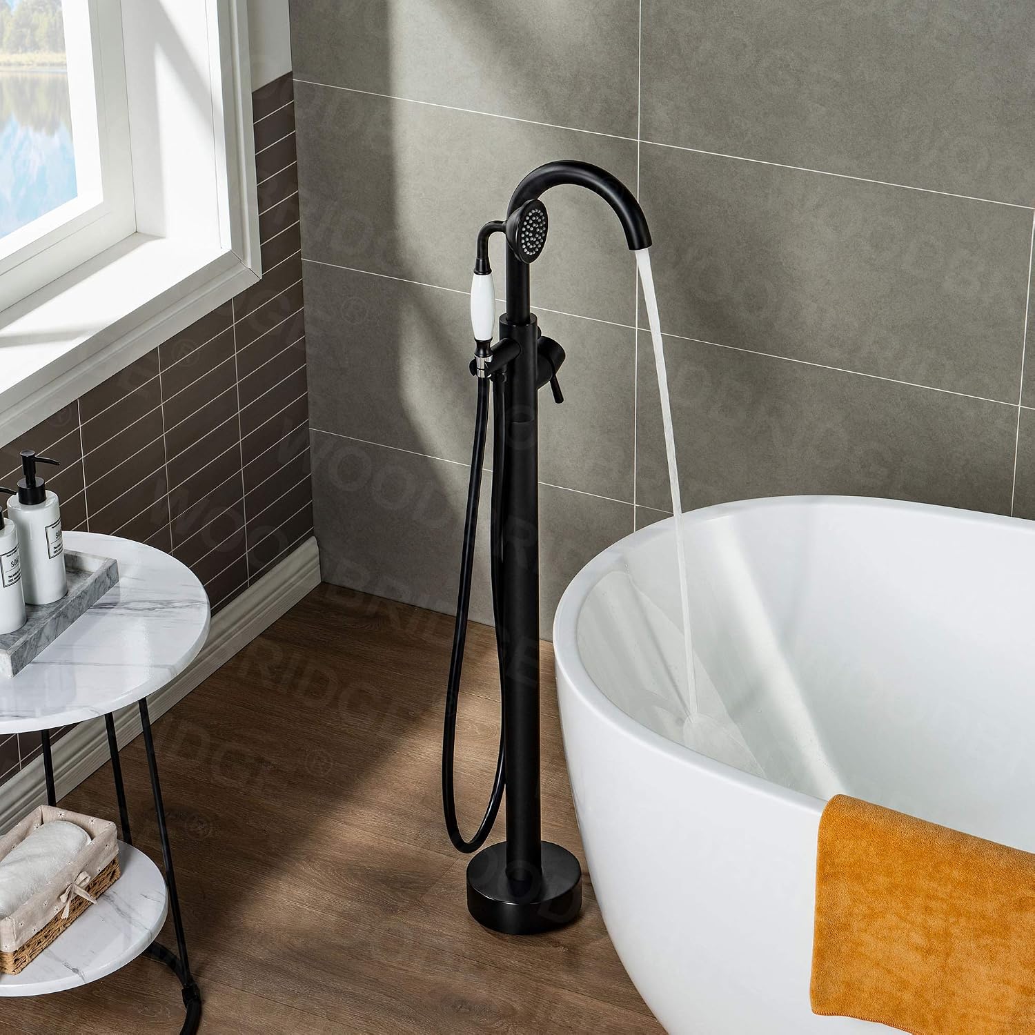 WOODBRIDGE WOODBRIDGEE Contemporary Single Handle Floor Mount Freestanding Tub Filler Faucet with Hand Shower in (Matte Black) Finish,F0006-MBVT