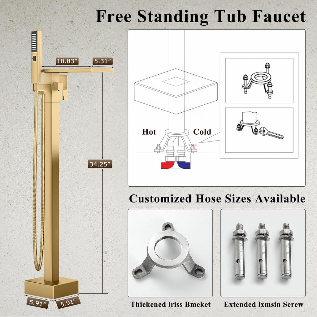 Freestanding Bathtub Faucet with Handheld Sprayer, Brushed Gold Floor Mount Tub Filler, High Flow Waterfall Brass Bath Shower Faucet for Modern Bathroom
