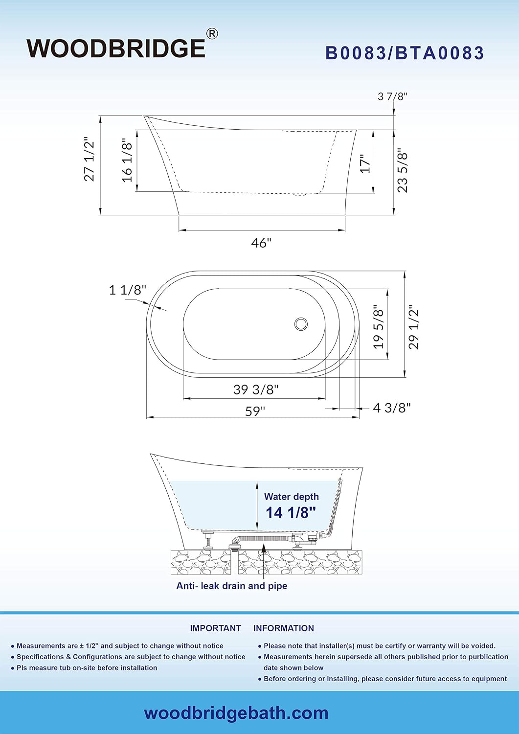 WOODBRIDGE 59' Acrylic Freestanding Bathtub Contemporary Soaking Tub with Matte Black Overflow and Drain B0083-MB-Drain &O,White