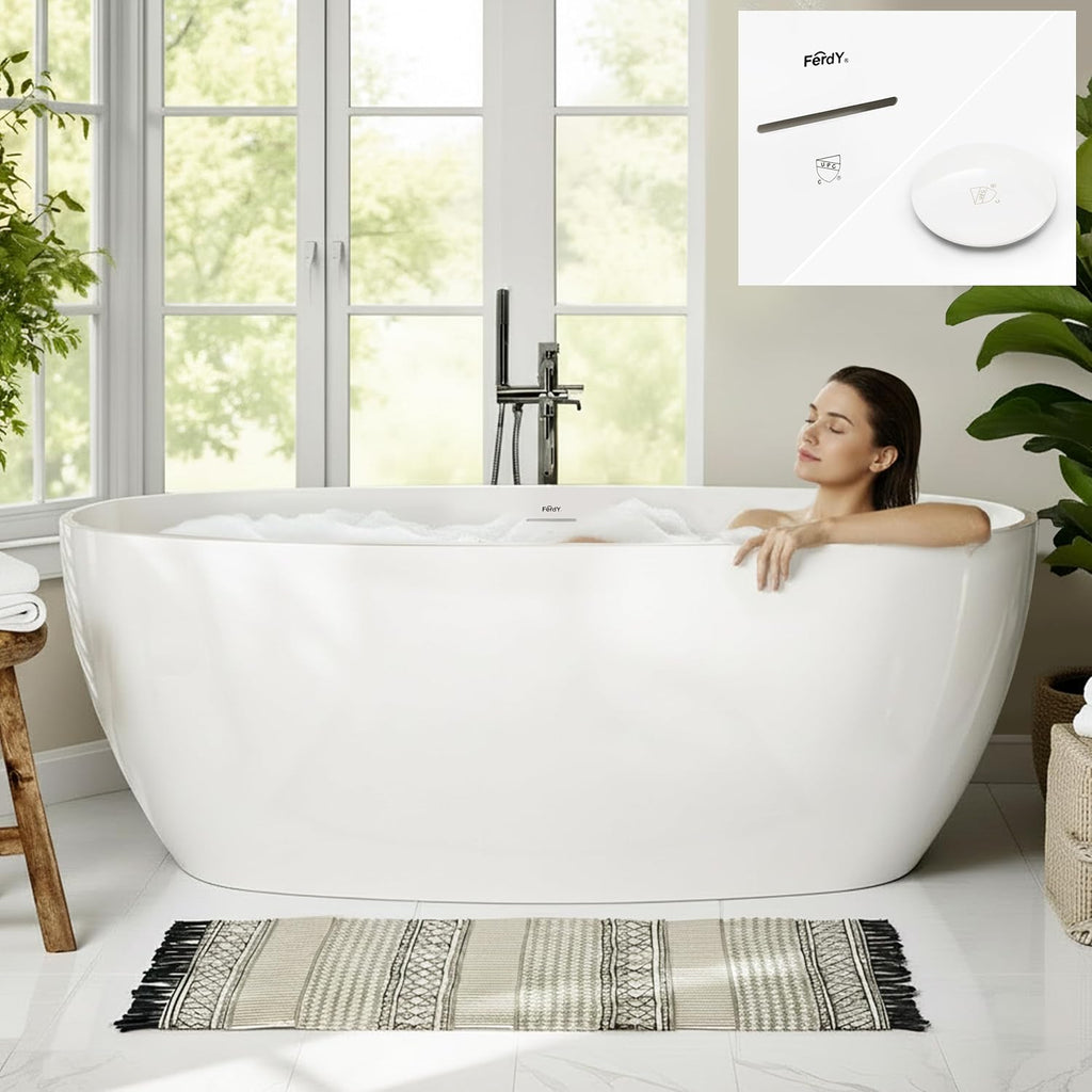 FerdY 67' Acrylic Freestanding Bathtub, Contemporary Soaking tub with Polished White Drain & Overflow, cUPC Certified, Elegant Oval Shape, Tahiti