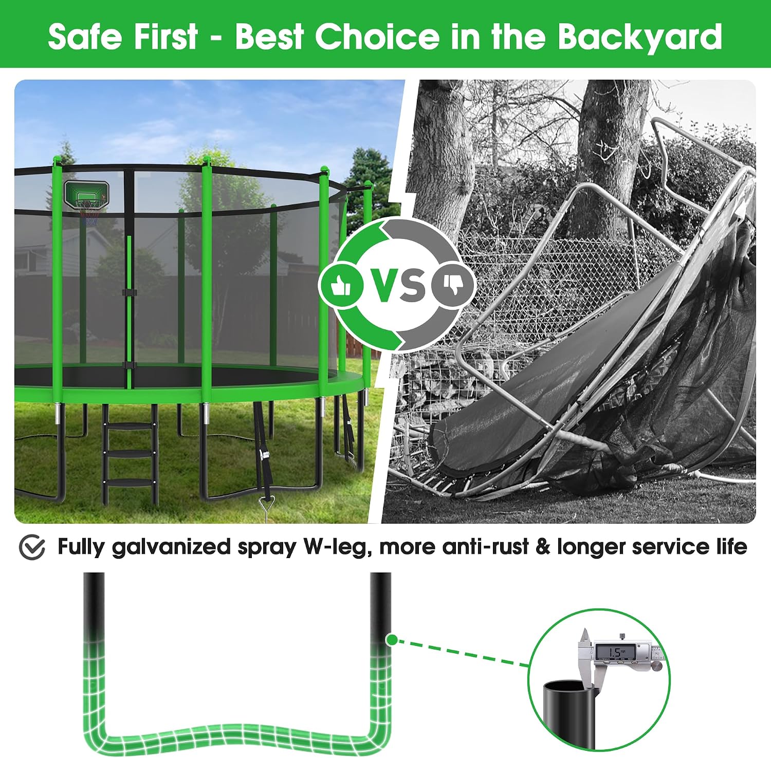 Exal Trampoline Outdoor with Basketball Hoop and Enclosure Net, 1500LBS Backyard Heavy Duty Trampoline ASTM CPC Certified Kids Trampoline, Light, Sprinkler, Socks, No-Gap Pad, Wind Stakes Included
