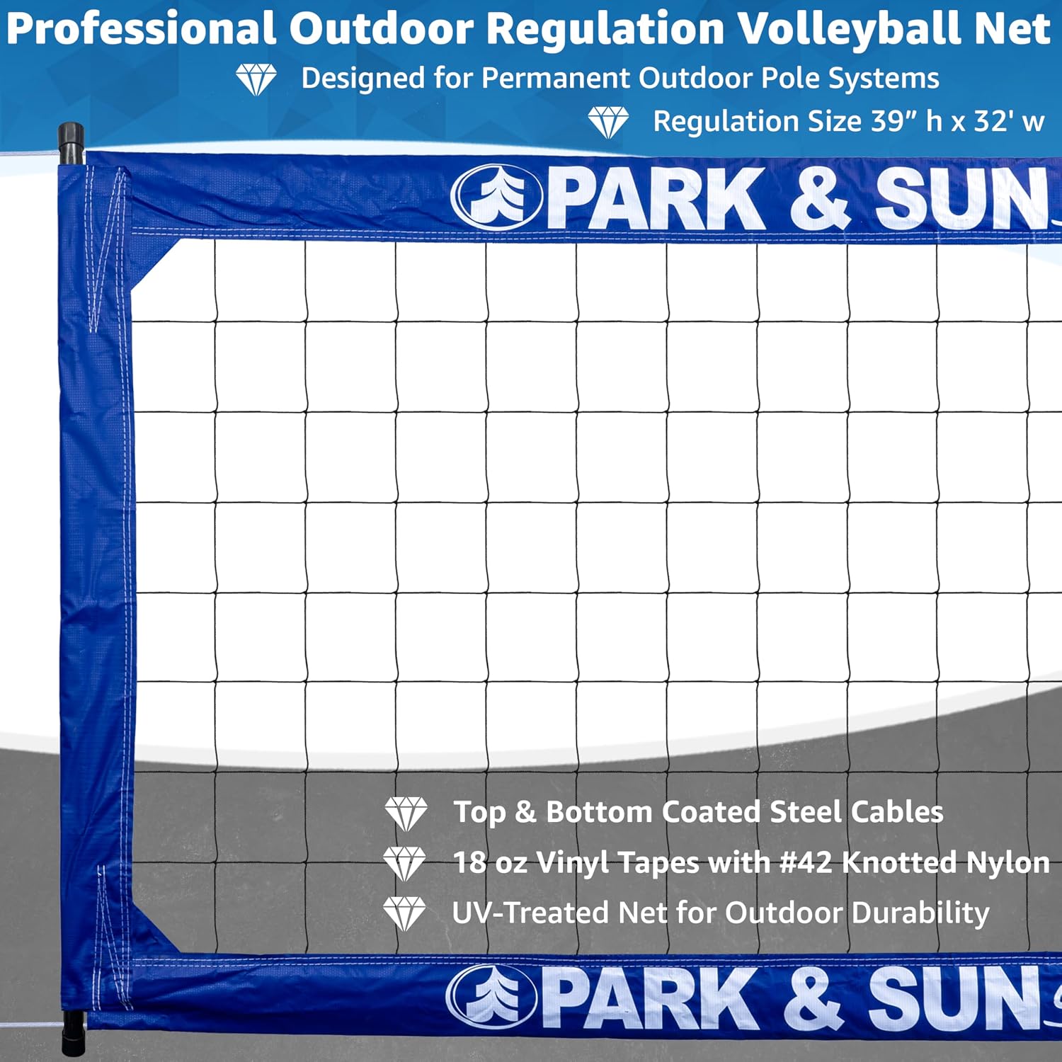 Park & Sun Sports Regulation Size Indoor/Outdoor Professional Volleyball Net with Steel Cable Top and Bottom, Blue, One Size