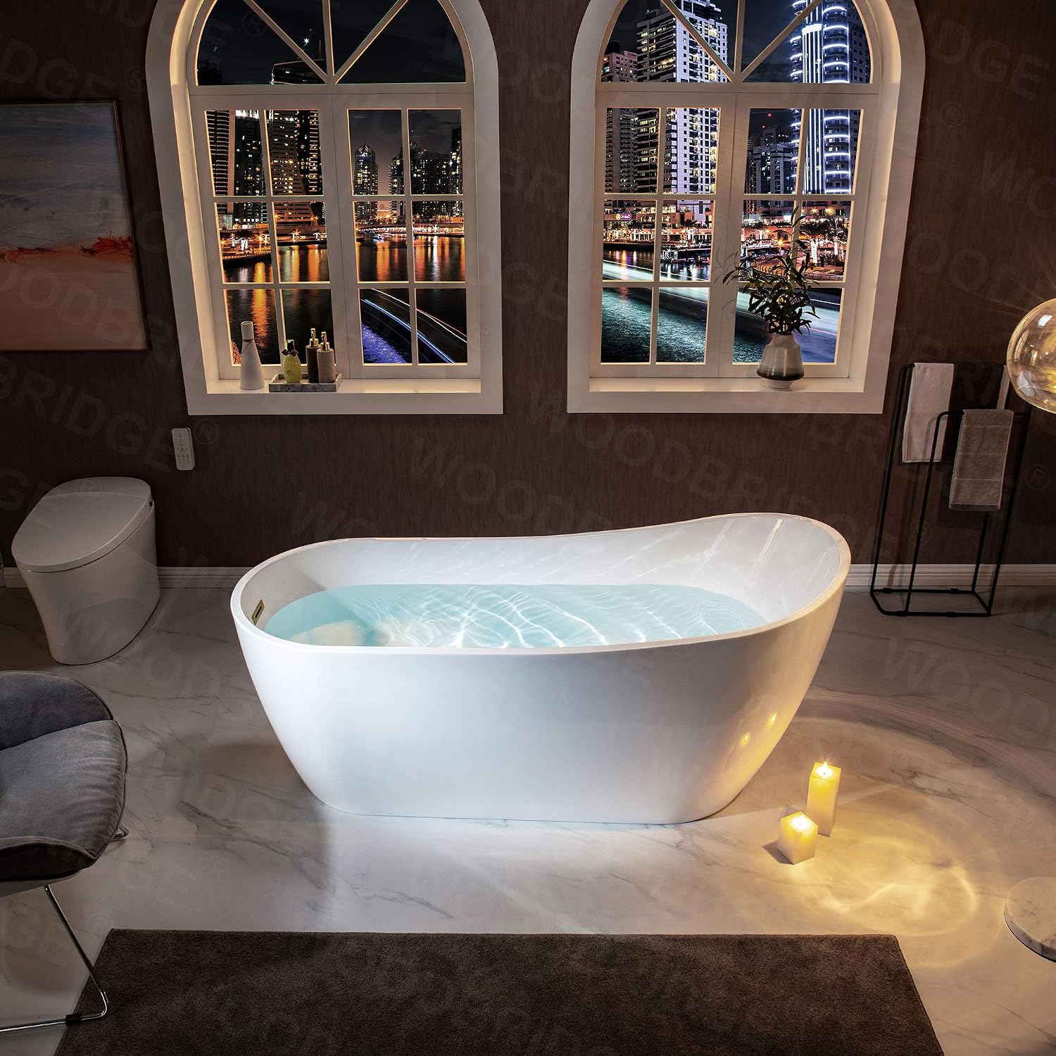 WOODBRIDGE 67'Freestanding White Acylic Soaking Bathtub with Brushed Gold Drain and Overflow,BTA1508 -BG-Drain &O