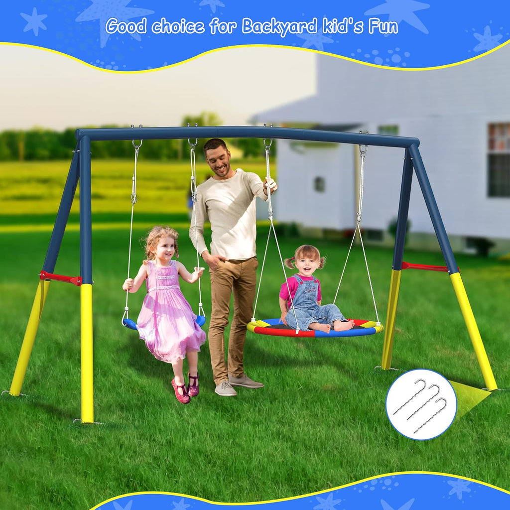 440lbs Swing Set for Backyard with Stand, Swing Heavy Duty Metal Outdoor Swing Stand, Contain 1 Saucer 32' & 1 Belt seat 26.2' for Playground - Backyard Playset, Adjustable Rope (Blue)