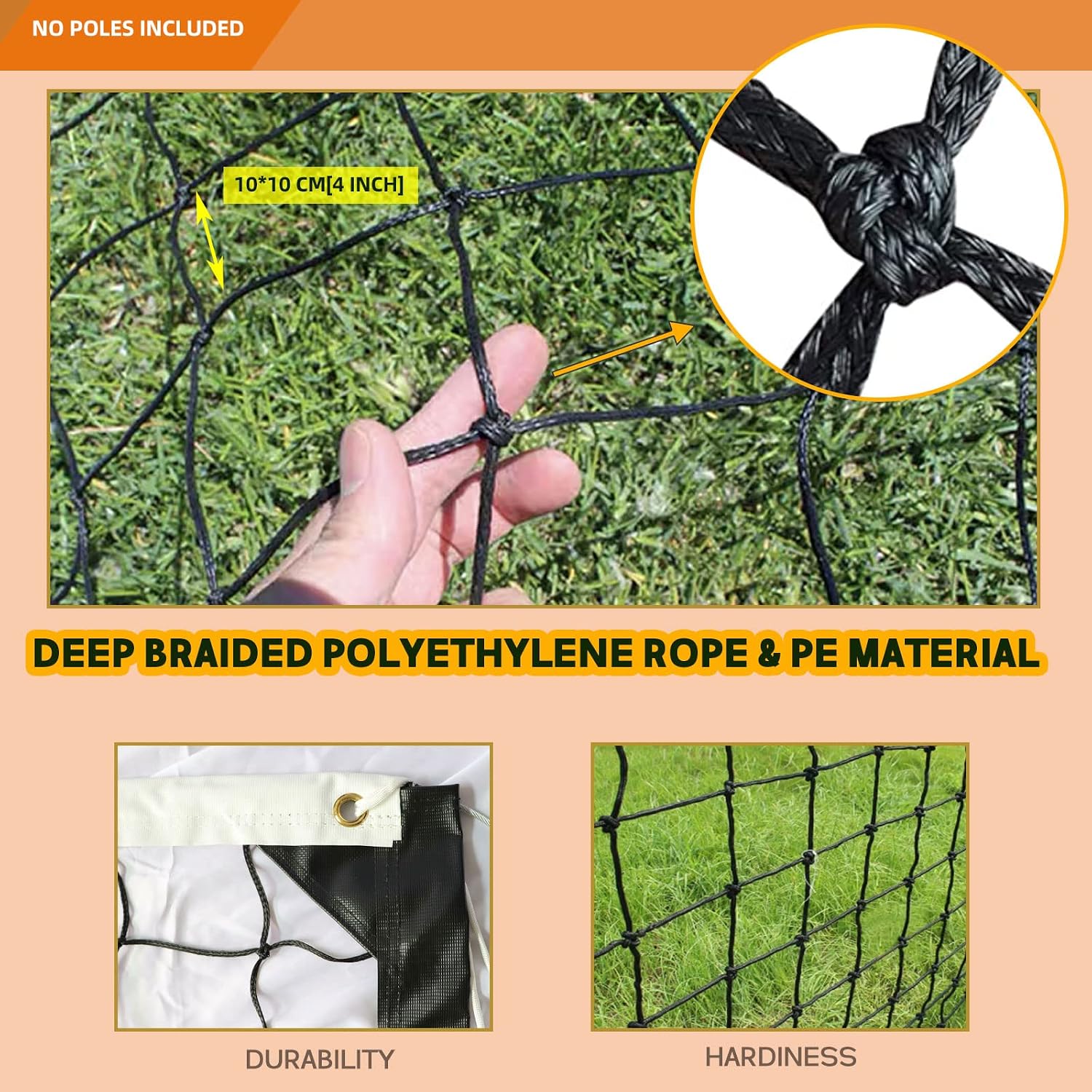 Professional Volleyball Net Heavy Duty Replacement Net - 32x3 FT - Steel Cable & Reinforced Dowels, 4' Square Mesh - for Outdoor Indoor, Backyard, Beach, Court, Pool, Park, School, Drills