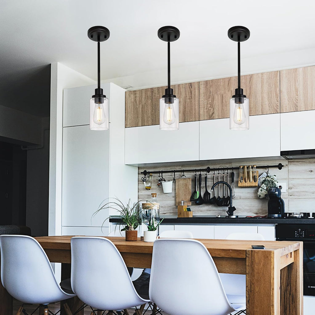 MELUCEE Kitchen Island Pendant Lighting 3 Pack Adjustable Black Hanging Ceiling Lamp with Clear Glass Shade for Bar Dining Room Corridor Living Room Bedside, 1-Light