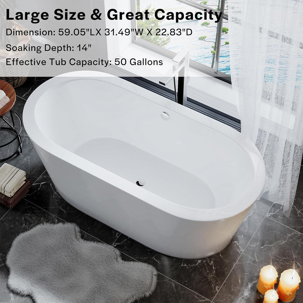 Empava Bathtub, 59' Soaking Tub, Acrylic Free Standing Tub with Center Drain and Overflow,Contemporary Design Bathtubs for Bathroom, cUPC Certified, Glossy White (Pack of 1)