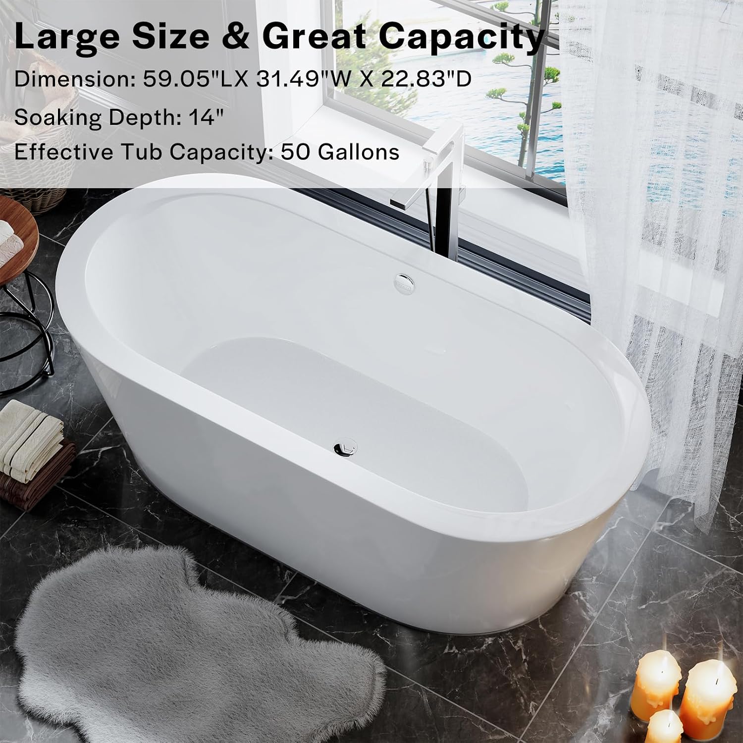 Empava Bathtub, 59' Soaking Tub, Acrylic Free Standing Tub with Center Drain and Overflow,Contemporary Design Bathtubs for Bathroom, cUPC Certified, Glossy White (Pack of 1)