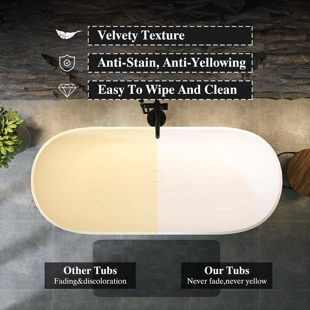 59' Resin Stone Freestanding Bathtub, Oval Solid Surface Freestanding Tub, Stand Alone Tub, Integrated Slotted Overflow and Pop-up Drain, Matte White
