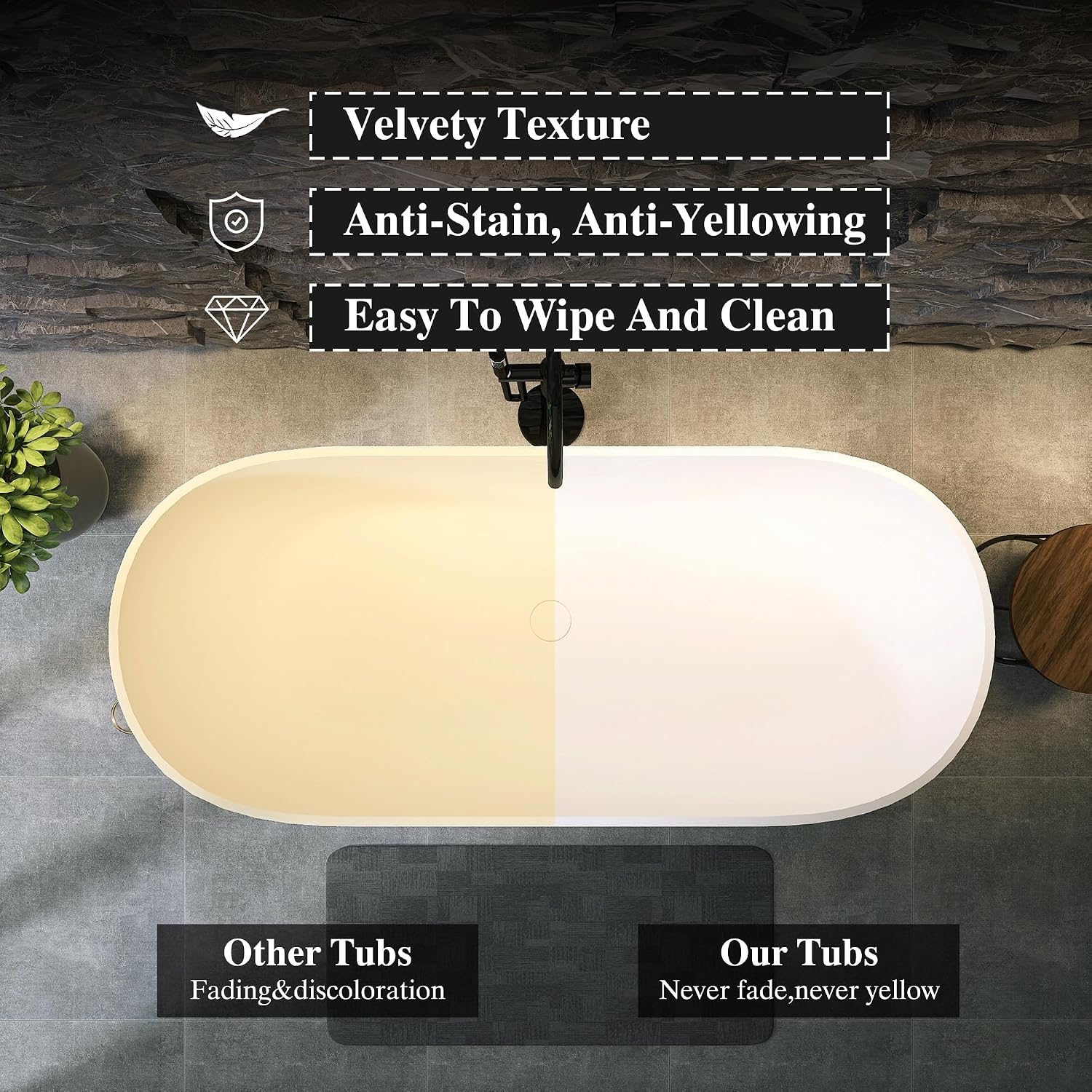 59' Resin Stone Freestanding Bathtub, Oval Solid Surface Freestanding Tub, Stand Alone Tub, Integrated Slotted Overflow and Pop-up Drain, Matte White