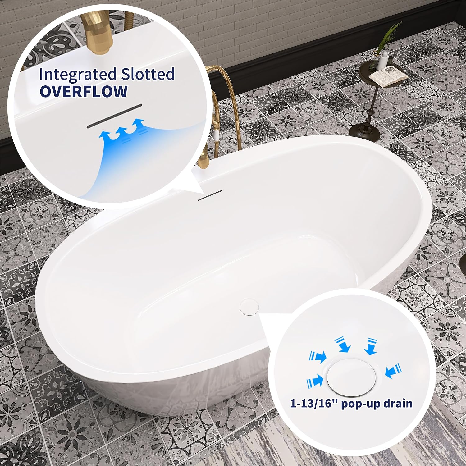 59' Acrylic Free Standing Tub, Stand Alone Tub, Freestanding Bathtub, Soaking Bathtub, cUPC Certified, YL(Glossy White)