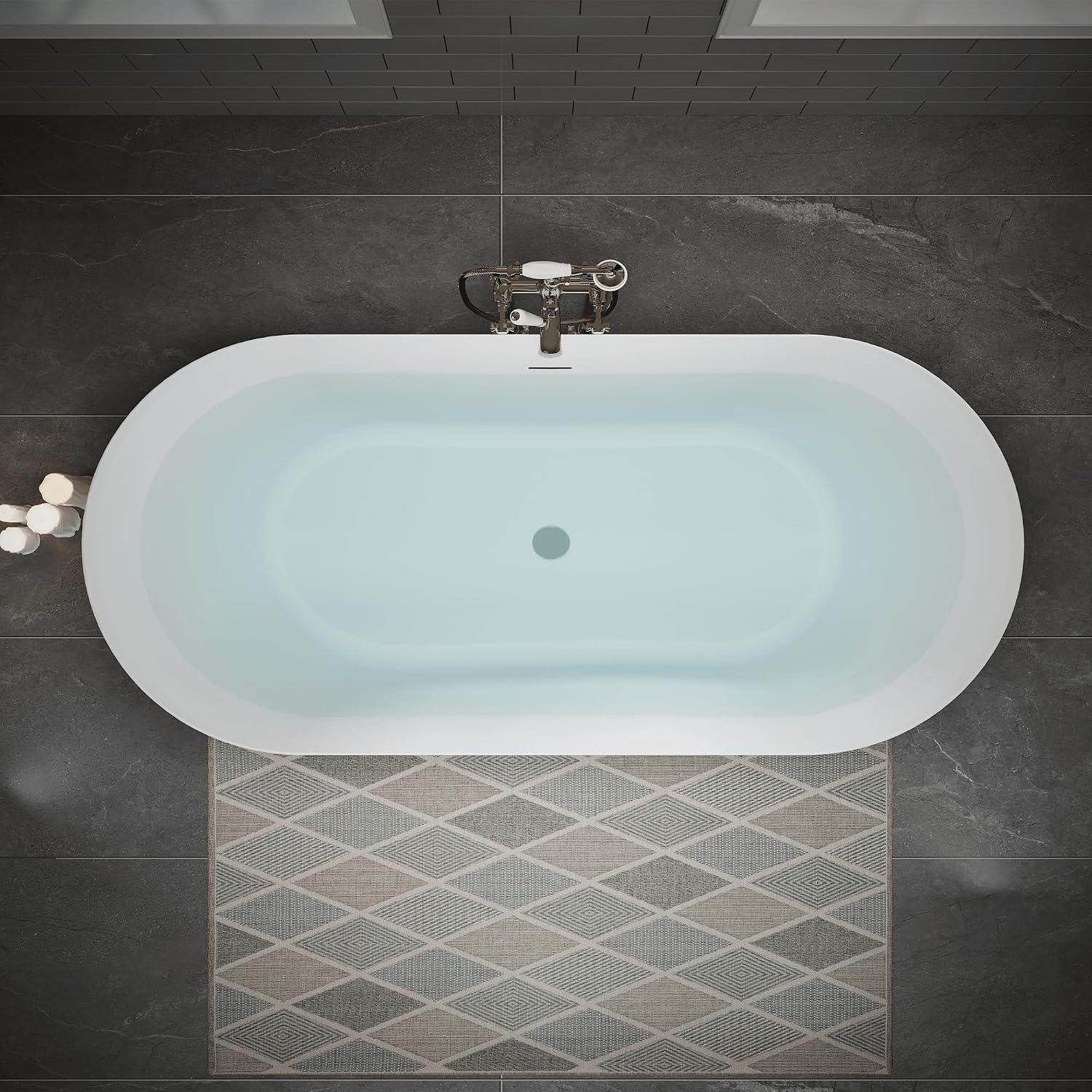 ABRUZZO 63' Acrylic Freestanding Bathtub - Oval Deep Soak Tub, Center Drain & Overflow, cUPC Certified Glossy White
